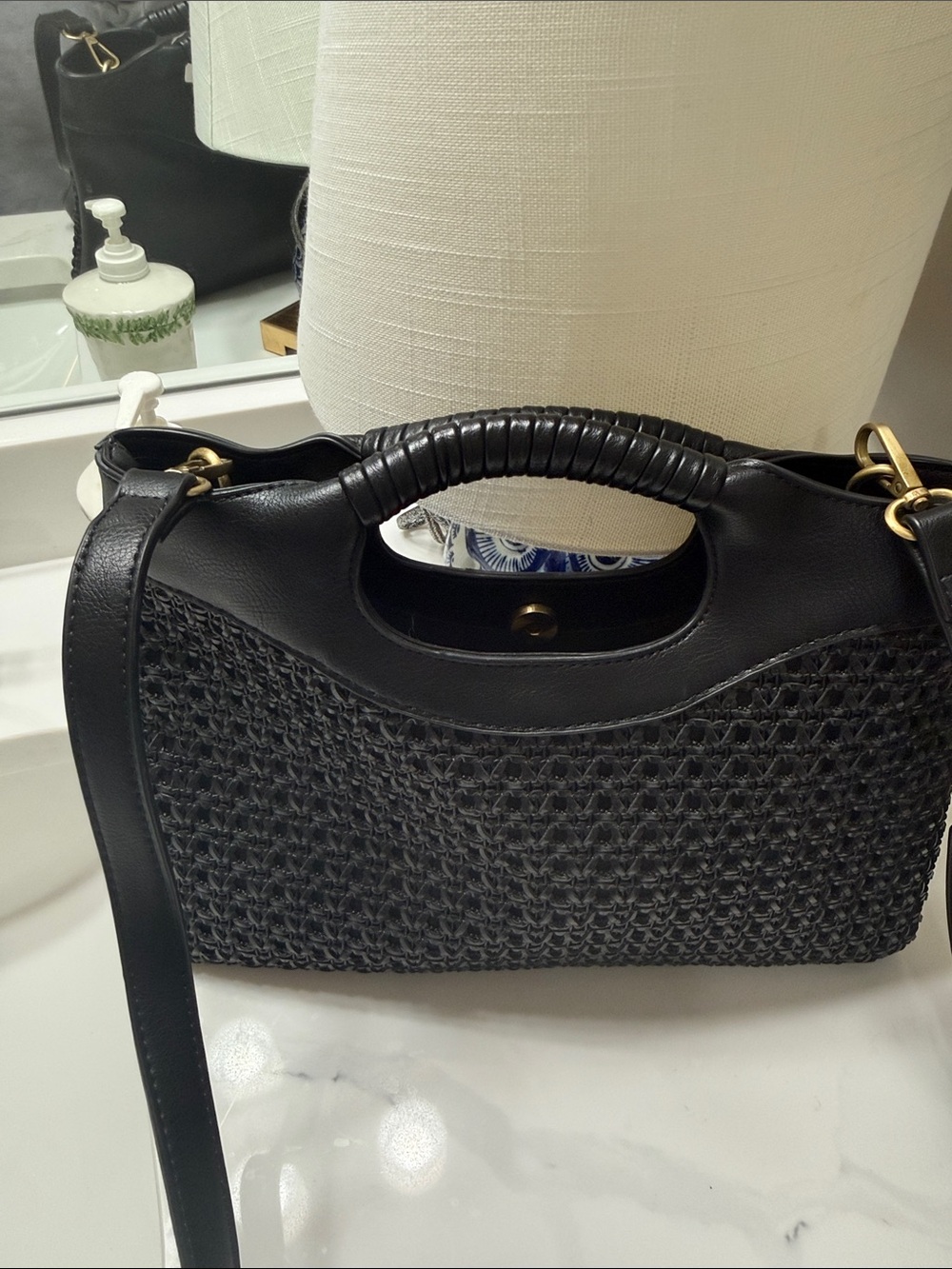 Anthropologie Black Woven Leather-Trim Shoulder Bag with Gold Hardware